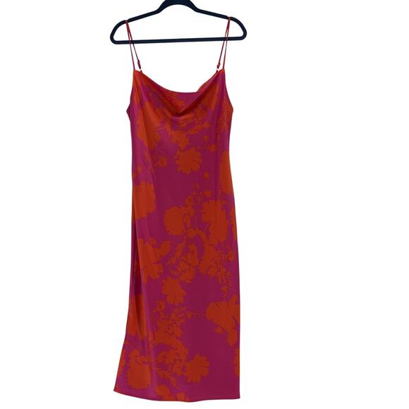 Bar III Slip Dress Womens Medium Pink Orange Floral Maxi Draped Neck - Picture 1 of 8